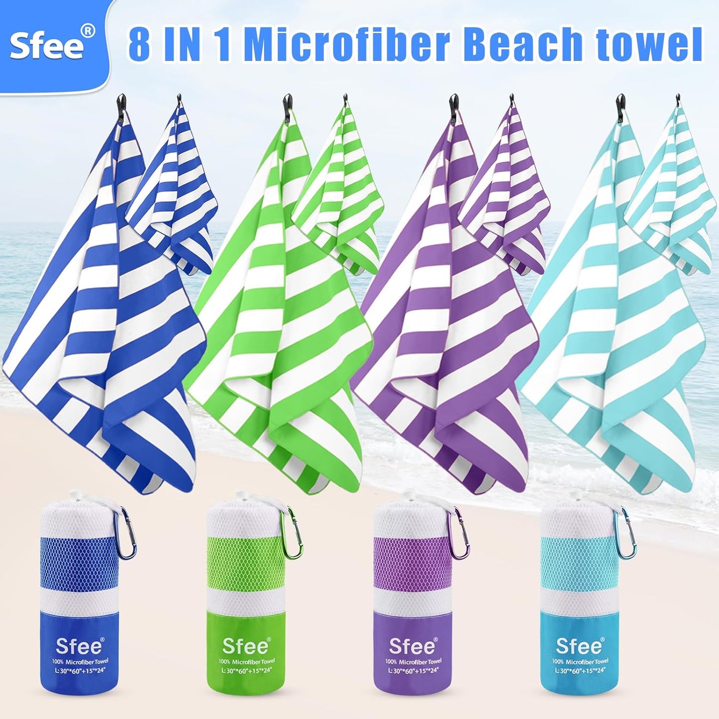 Sfee 4 Pack(8Pcs) Microfiber Travel Towel, Beach Towel Quick Dry Towel Camping Towel Super Absorbent Compact Lightweight Sports Towel Gym Towel Set for Beach, Gym, Hiking, Pool, Backpacking, Yoga