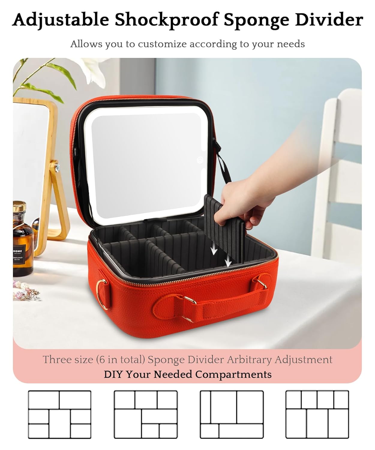 MOMIRA Travel Makeup Bag Cosmetic Bag with Lighted Mirror, Adjustable Brightness in 3 Color Scenarios/Detachable makeup mirror, All-round Upgrade, Waterproof, Gift for Women -Orange