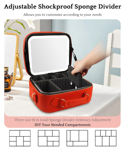 MOMIRA Travel Makeup Bag Cosmetic Bag with Lighted Mirror, Adjustable Brightness in 3 Color Scenarios/Detachable makeup mirror, All-round Upgrade, Waterproof, Gift for Women -Orange