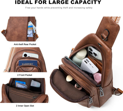 10L Crossbody Sling Bag for Women Men Anti Theft Cross Body Fanny Pack Belt Bag Purse Gifts for Women Faux Leather, Brown