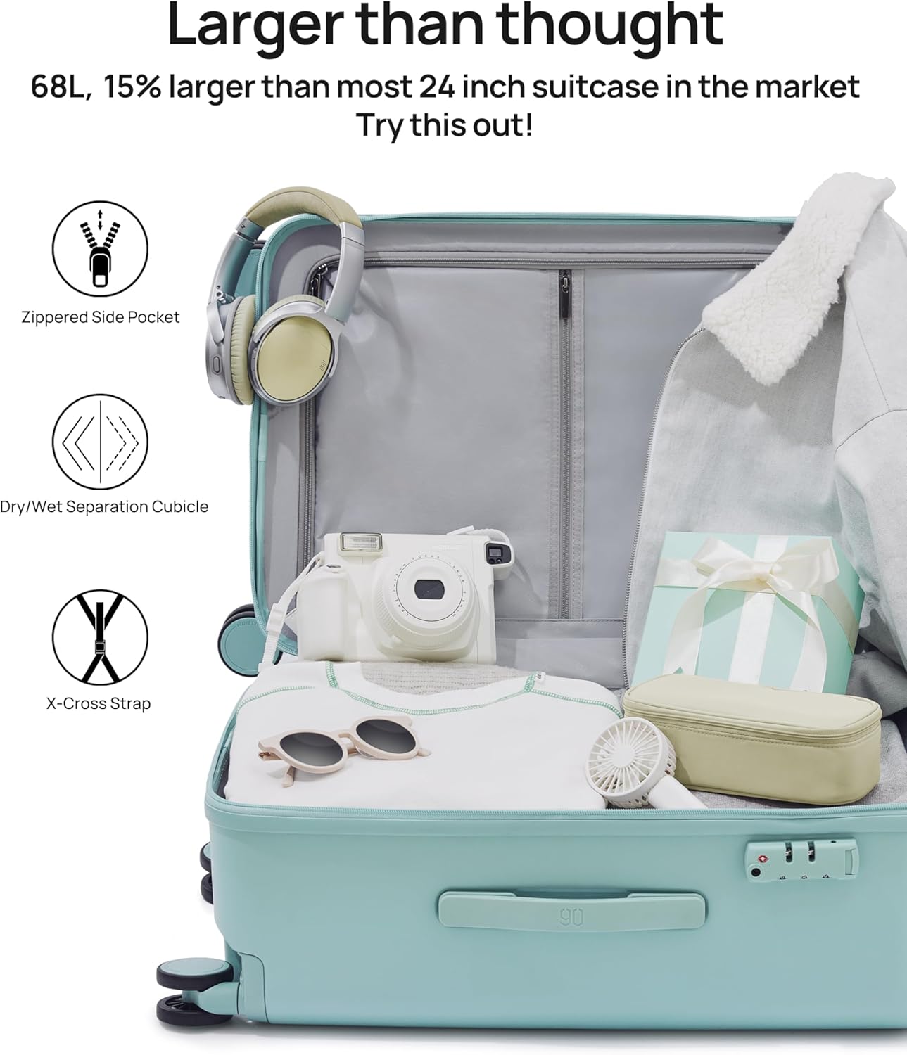 Trunk Luggage 22 Inch, Small Checked Luggage with Double Spinner Wheels, Dry Wet Separate Design, PC Hard Case Suitcase, Lightweight Travel Luggage, TSA Approved (Mint Green, Danube)