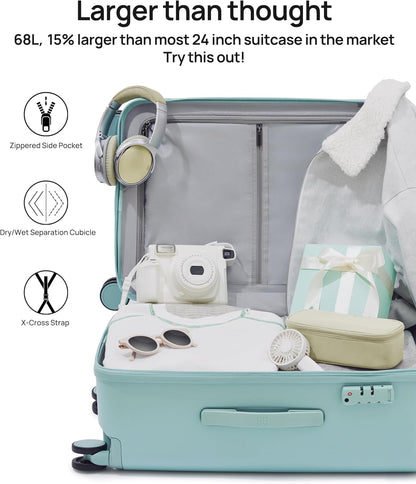 Trunk Luggage 22 Inch, Small Checked Luggage with Double Spinner Wheels, Dry Wet Separate Design, PC Hard Case Suitcase, Lightweight Travel Luggage, TSA Approved (Mint Green, Danube)