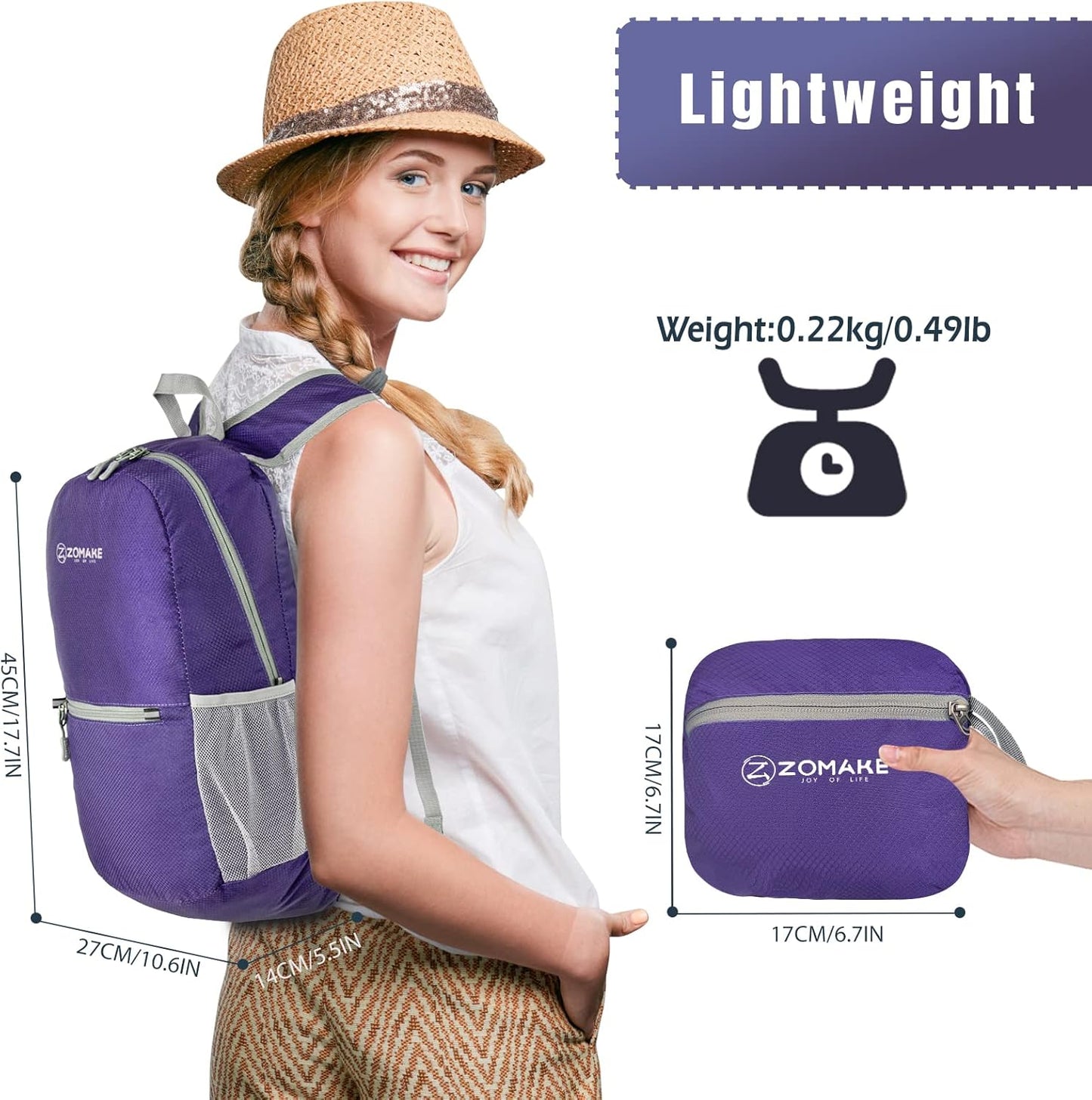 ZOMAKE Ultra Lightweight Hiking Backpack 20L, Packable Small Backpacks Water Resistant Daypack for Women Men(Purple)