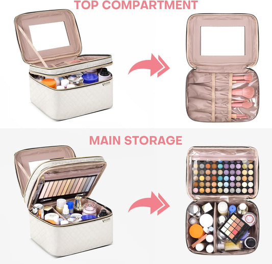 Large Makeup Bag with Mirror Double Layer Travel Make Up Organizer Case, Large Capacity Coemetic with Brush Slot Divider, Travel Toiletry Bag for Women - White/Beige