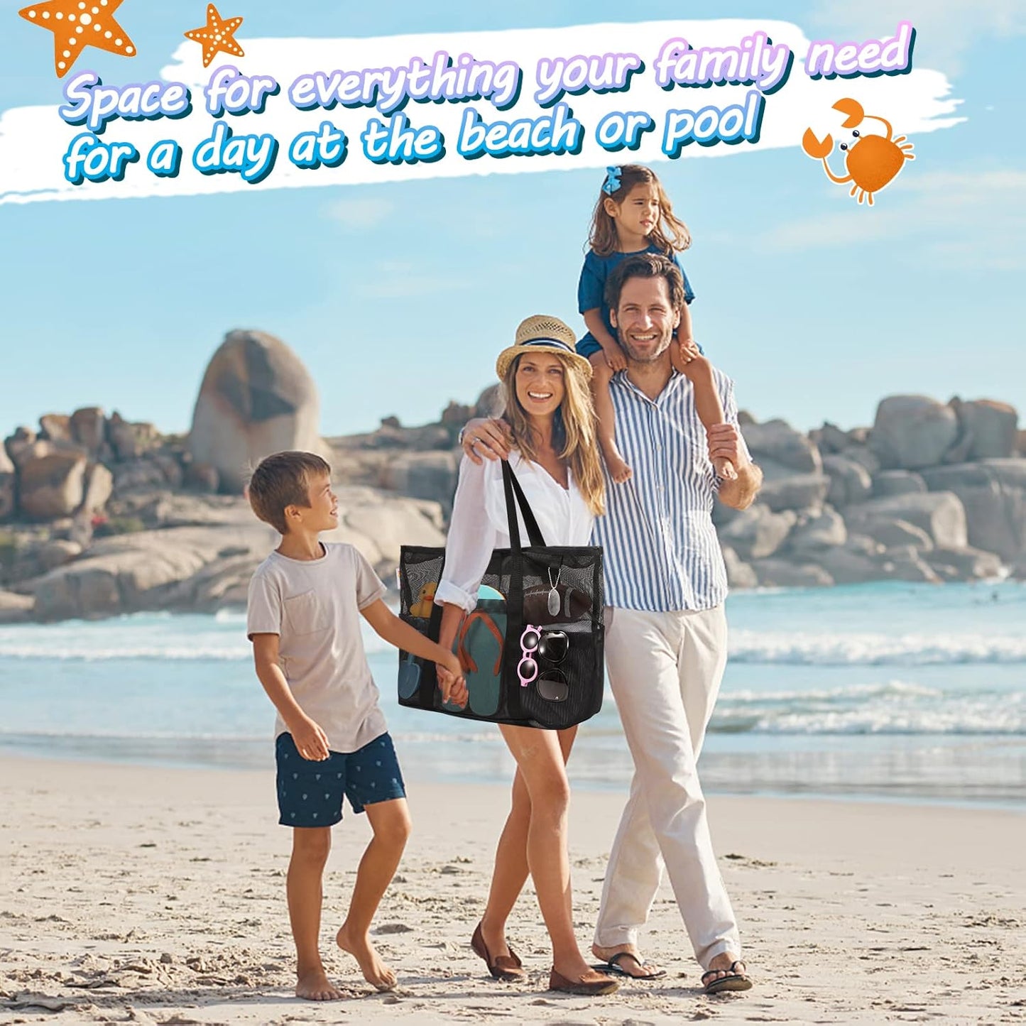 Tagitary Mesh Beach Bag with Zipper Large Beach Tote Waterproof Sandproof with 8 Pockets for Toys Pool Bag Beach Accessories