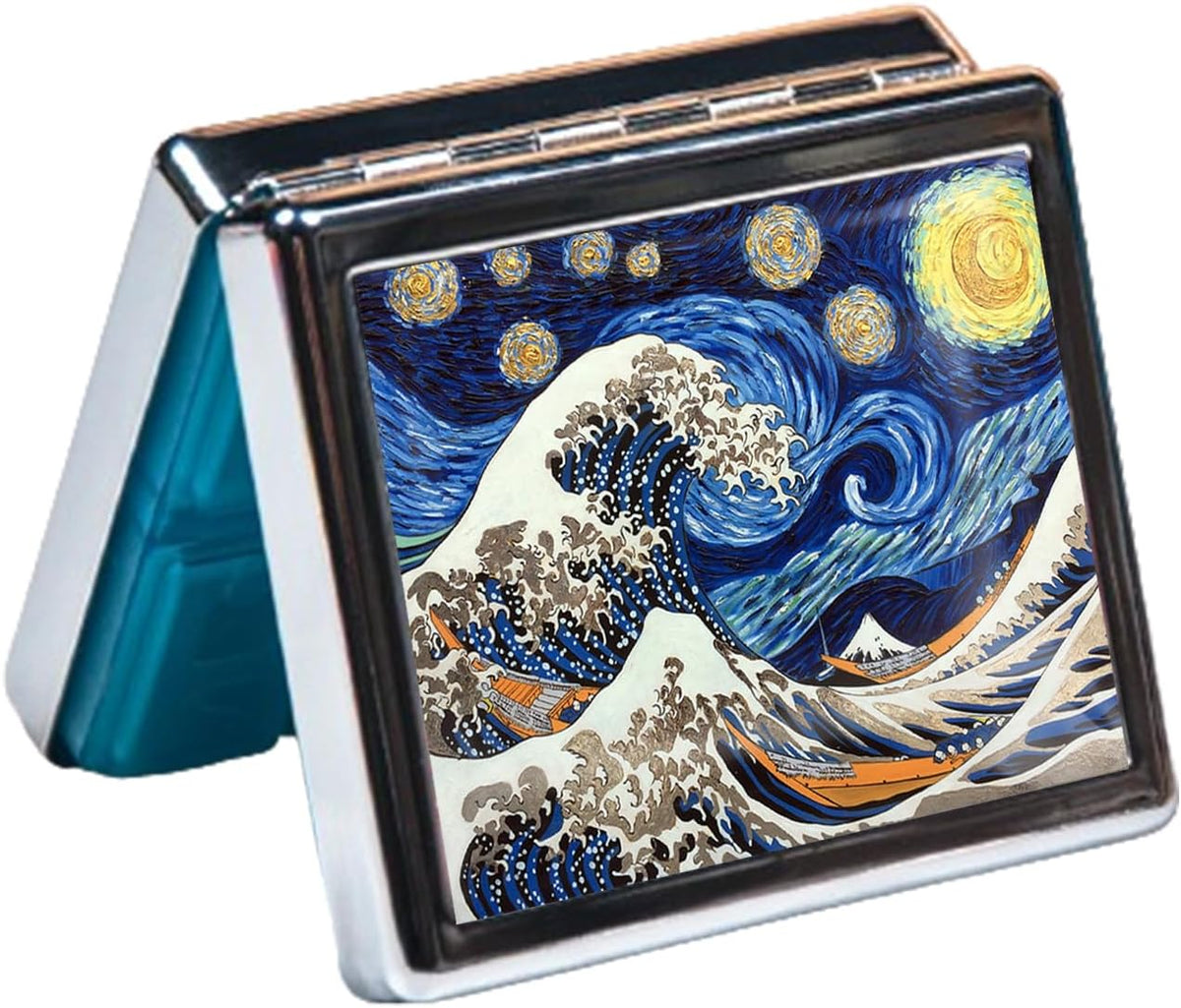 Silver Vintage Pill Box 7 Day Metal Pill Box with Mirror and 8 Compartments Cute Travel Pill Organizer for Purse (The Great Starry Wave)