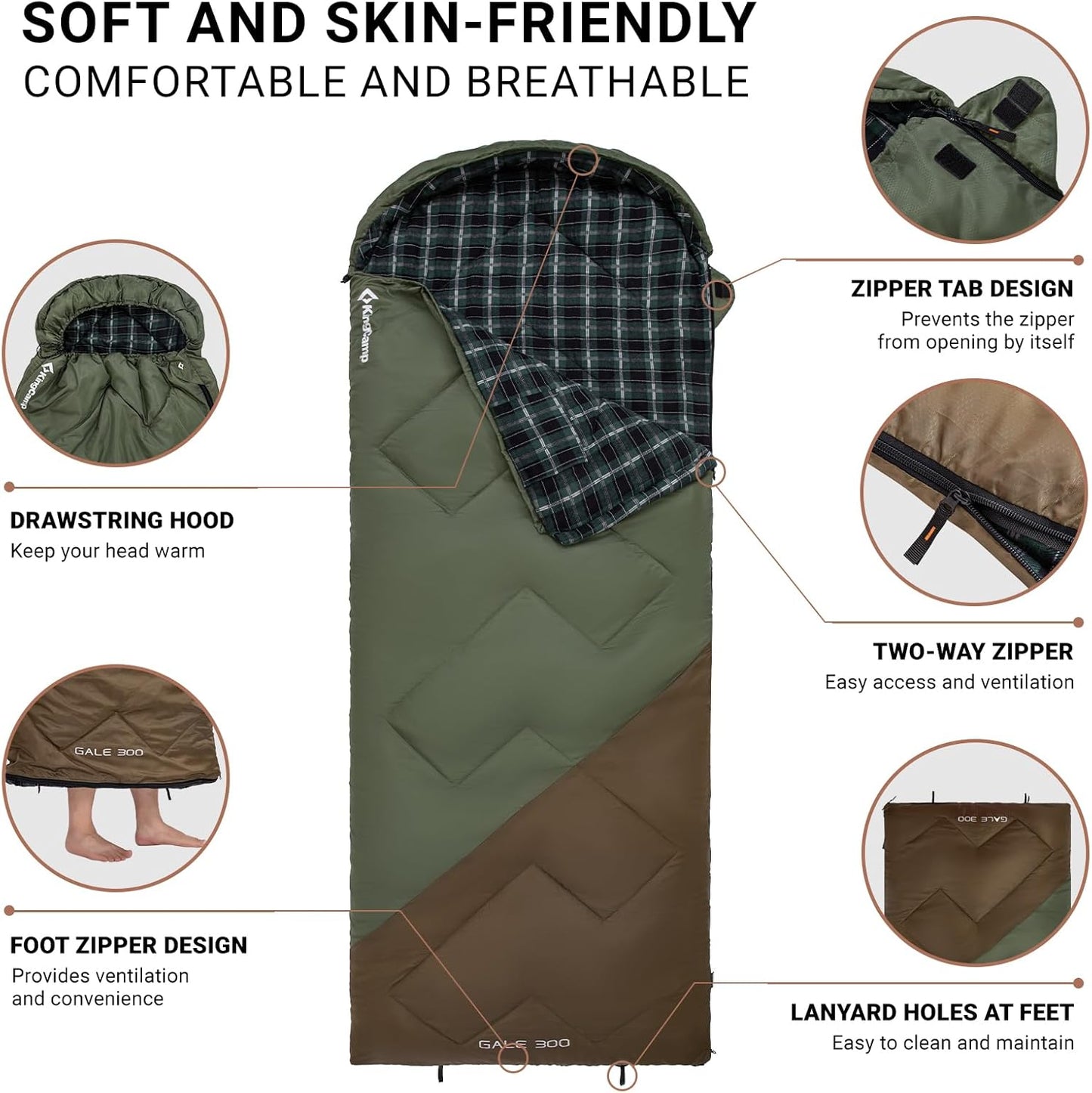 KingCamp Sleeping Bag for Adults, Cold Weather & Warm XL Big and Tall Flannel Sleeping Bags with Compression Sack Portable Waterproof Essentials Gear Accessories for Outdoor Camping