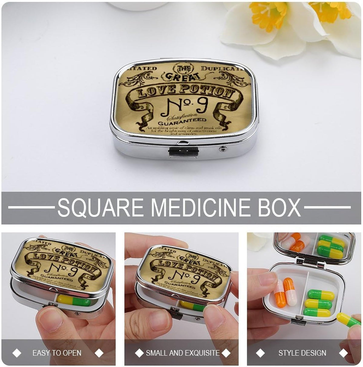 Metal 2 Compartment Pill Organizer Travel Friendly Portable Compact Pill Box Cute Pill Case to Hold Vitamins,Fish Oil,Supplements,Meds,Tablet for Purse,Pocket. (No)