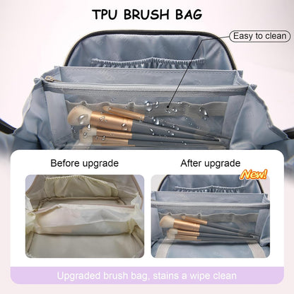 BOYATU Travel Makeup Bag for Women: Cosmetic Organizer Bag with Compartments - Leather Make up Bags Set of 3 (Purple)