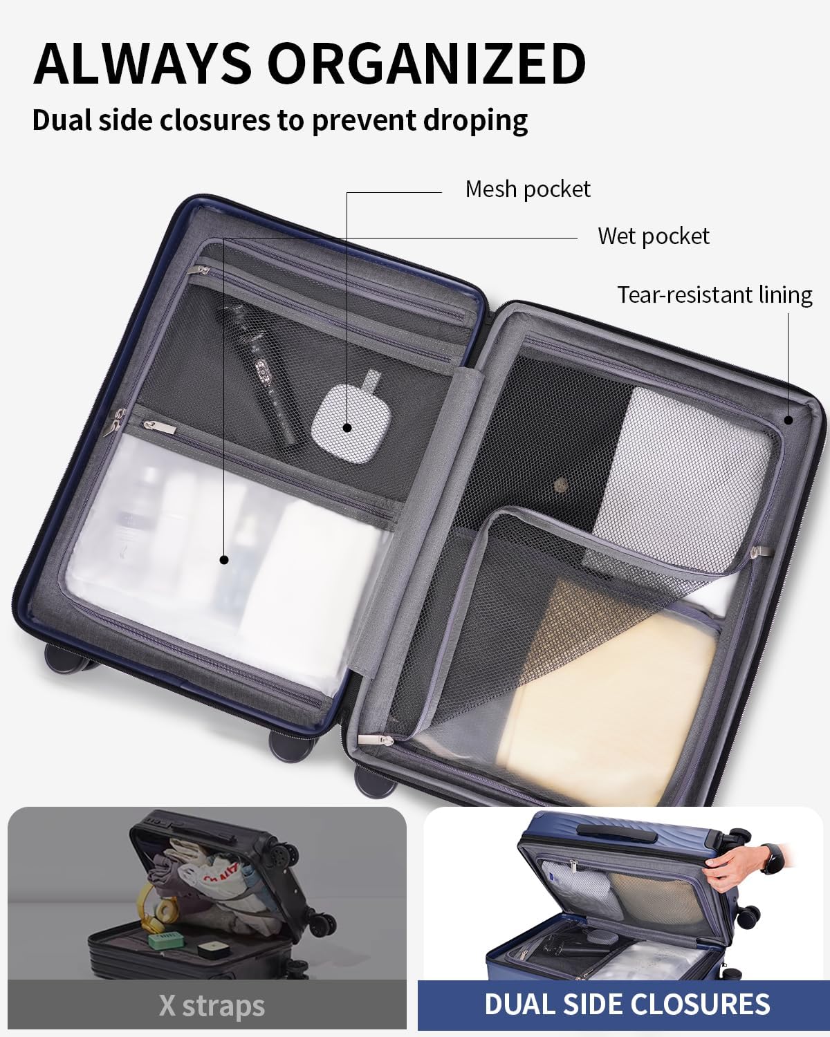 ECOHUB Hardside Expandable Carry On Luggage, Recycled PC 24" Rolling Luggage 26x16x11 Airline Approved with Spinner Wheels & TSA Lock, Lightweight Hardshell Travel Suitcase, 24inch Carry-on Blue