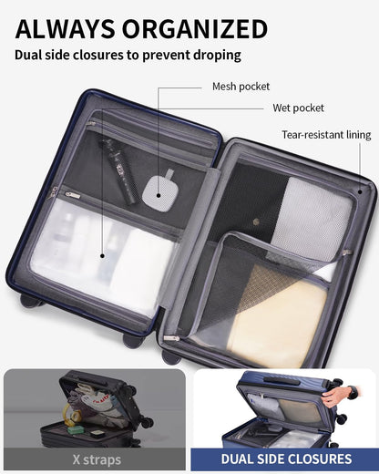 ECOHUB Hardside Expandable Carry On Luggage, Recycled PC 24" Rolling Luggage 26x16x11 Airline Approved with Spinner Wheels & TSA Lock, Lightweight Hardshell Travel Suitcase, 24inch Carry-on Blue