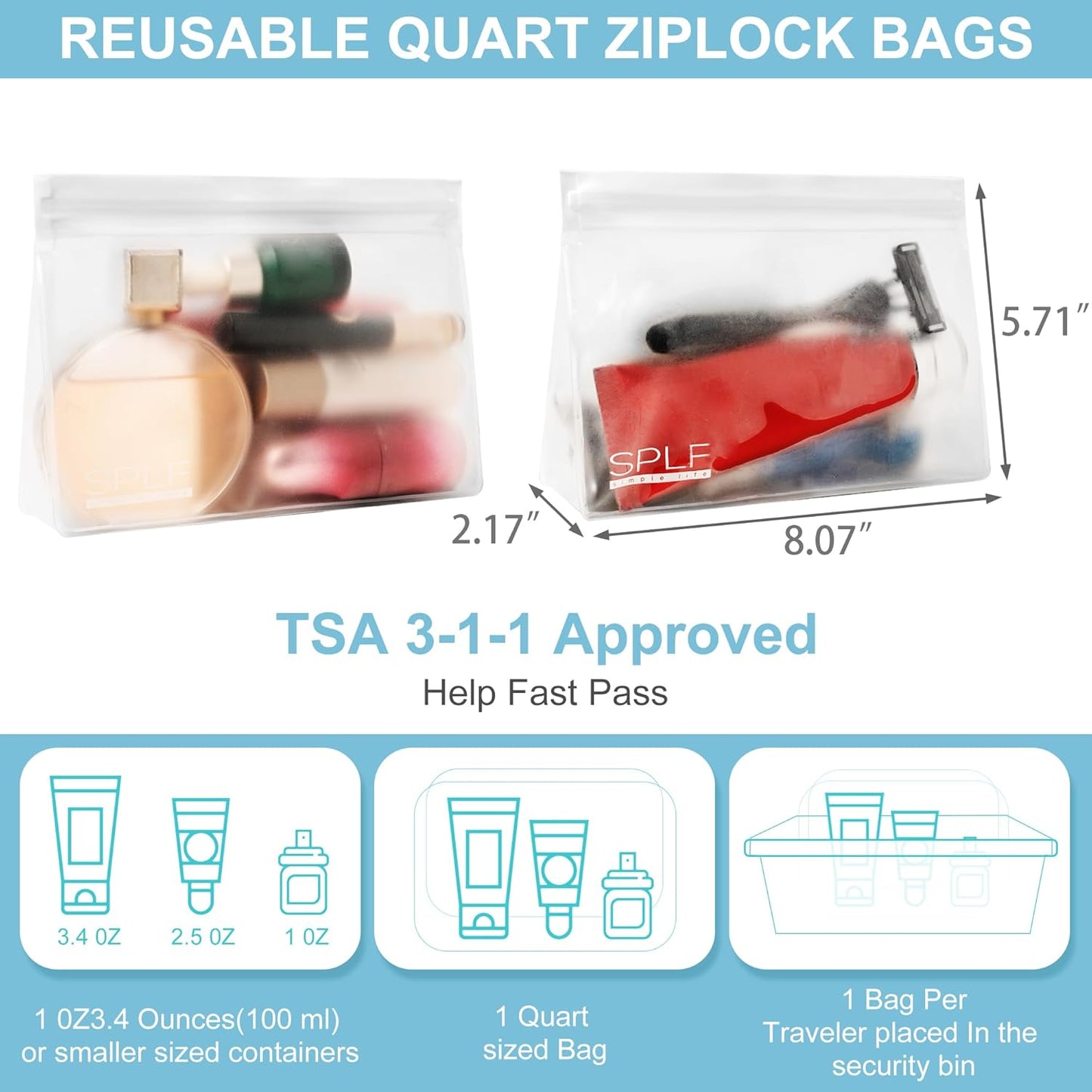 SPLF 3 Pack Leakproof Clear Toiletry bags, TSA Approved Quart Size Zipper Bags, BPA Free Travel Makeup Cosmetic Bags for Women Men, Carry on Airport Airline Compliant Bags-White