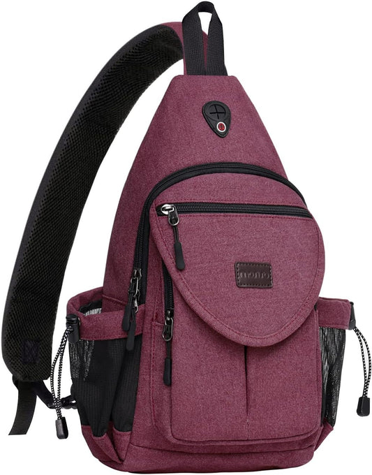 MOSISO Sling Backpack,Canvas Crossbody Hiking Daypack Bag with Anti-theft Pocket, Wine Red