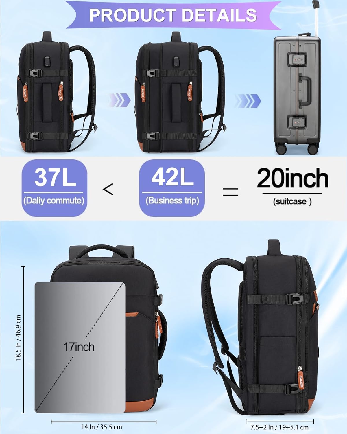 42L Travel Laptop Backpack, Expandable Carry-on Luggage, Anti-Theft Business Weekender Bag with USB Port, 3 Packing Cubes & Shoe Bag (Black)