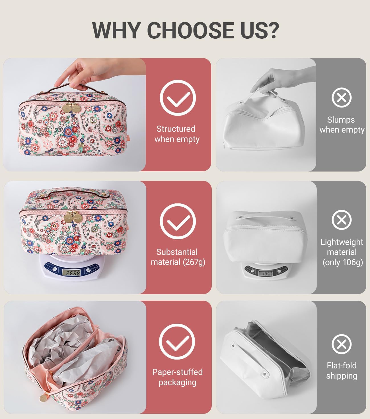 Aveniee Travel Makeup Bag for Women, Large Cosmetic Organizer with Open-Flat Design, Clear Divider & Handle - Waterproof PU Leather Toiletry Case (Floral Pattern)