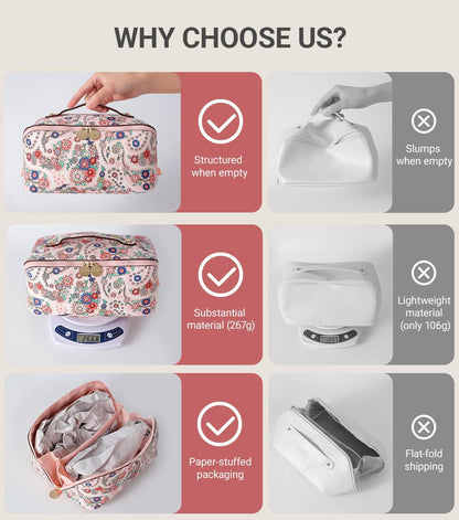 Aveniee Travel Makeup Bag for Women, Large Cosmetic Organizer with Open-Flat Design, Clear Divider & Handle - Waterproof PU Leather Toiletry Case (Floral Pattern)