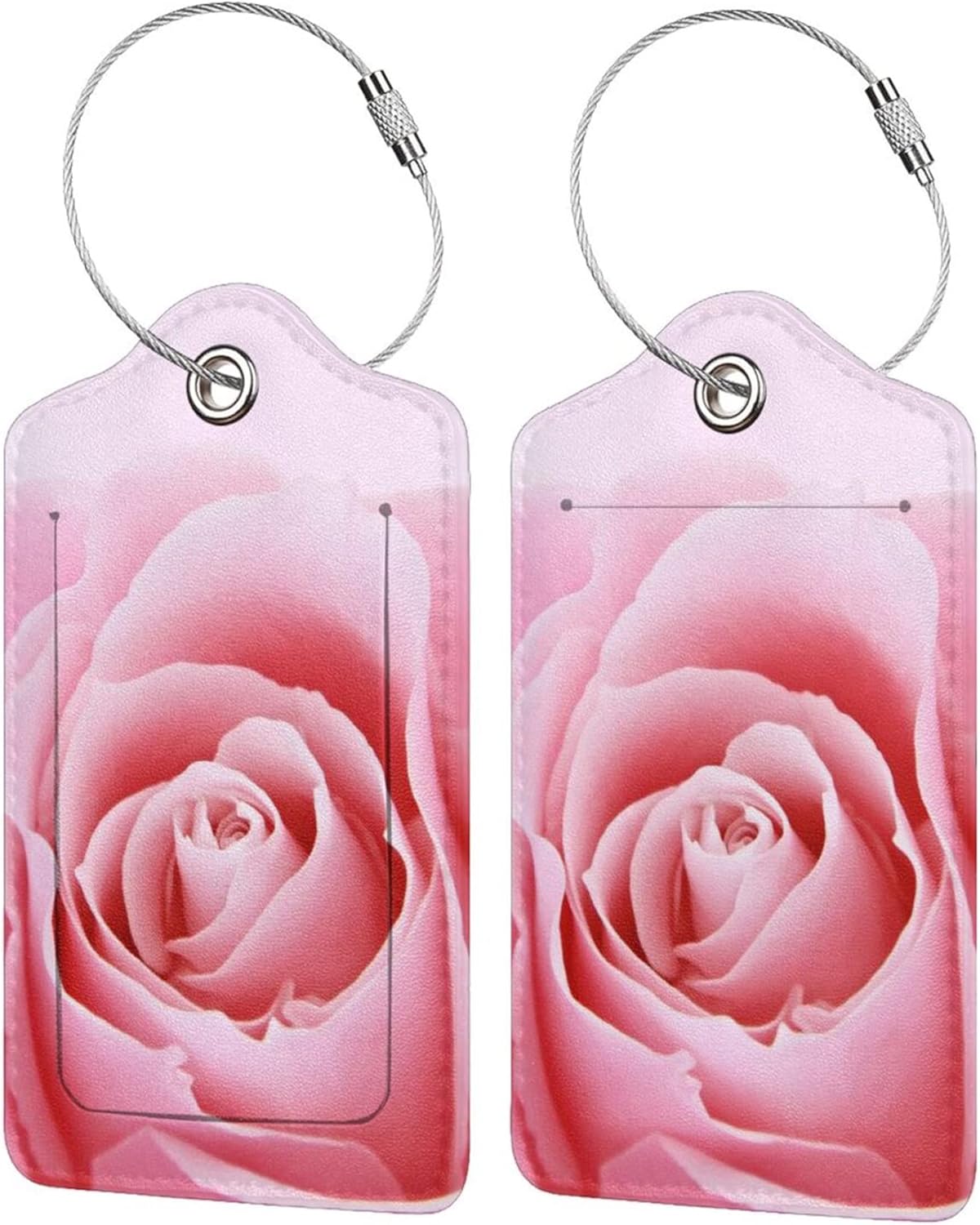 2 Pack Pink Rose Luggage Tags for Suitcases, Pretty Flower Leather Suitcase Backpack Bag Tags Identifiers with Privacy Cover Name Address Labels & Durable Steel Loop for Women Girls Travel