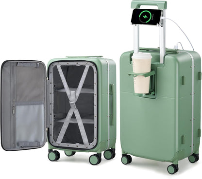 Hanke 28 Inch Luggage with Cup Holder and Charge,Top Opening Hard Shell Suitcases with Wheels and Dividers,Aluminum Frame Trunk Luggage Extra Large Suitcase with Lock for Travel,Forest Green