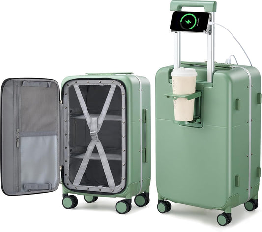 Hanke 28 Inch Luggage with Cup Holder and Charge,Top Opening Hard Shell Suitcases with Wheels and Dividers,Aluminum Frame Trunk Luggage Extra Large Suitcase with Lock for Travel,Forest Green