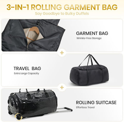 3-in-1 Rolling Garment Bags for Travel, Glitter Wheeled Carry-On Suit Luggage with Shoe Storage & Detachable Bag, Convertible Duffel Bag for Men Women Business Trips Weekender, Wrinkle-Free (Black)