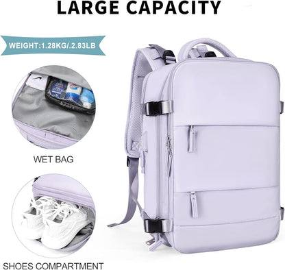 coowoz Large Travel Backpack For Women Men,Carry On Flight Approved,Hiking Waterproof Outdoor Sports Rucksack Casual Daypack Fit 15.6 Inch Laptop Shoes Compartment (Purple)
