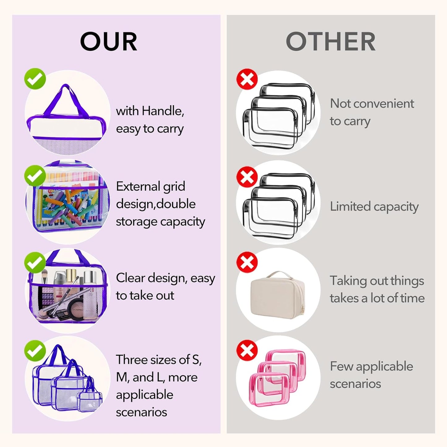 XEWEA Clear Travel Toiletry Bags, 3 Pack TSA Approved Transparent Makeup Bag for Men Women, Large Waterproof PVC Quart Organizer with Zipper for Toiletries Airline Essential,Toy Storage Pouch Purple