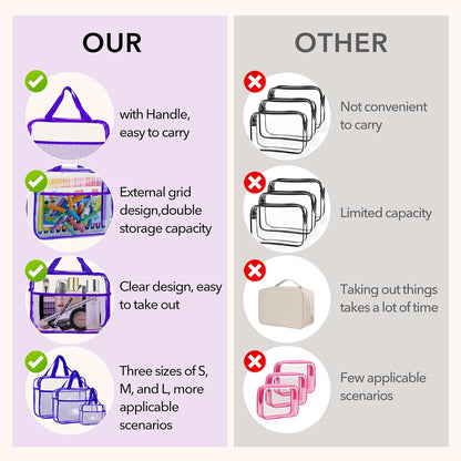 XEWEA Clear Travel Toiletry Bags, 3 Pack TSA Approved Transparent Makeup Bag for Men Women, Large Waterproof PVC Quart Organizer with Zipper for Toiletries Airline Essential,Toy Storage Pouch Purple