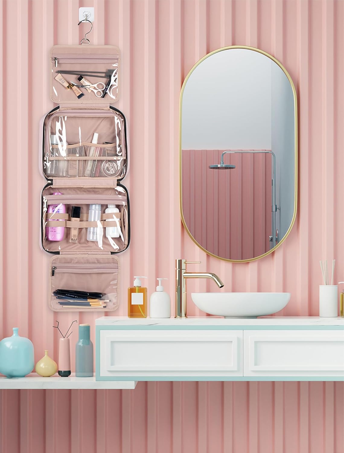 Pink Toiletry Bag, Makeup Organizer, Travel Bag For Women Mens Toiletries, Waterproof with Hanging Hook, Large Capacity