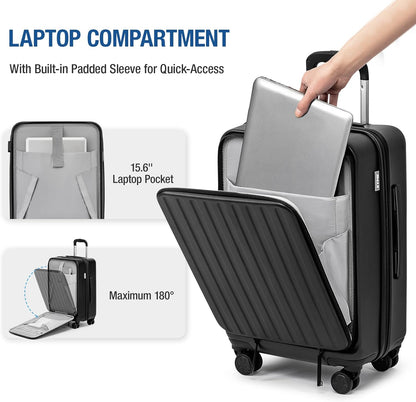 KYME 22-Inch Hardside Suitcase - Small Luggage, 100% PC Hard Shell with Laptop Compartment, TSA Lock, Double Wheels for Men & Women, Black