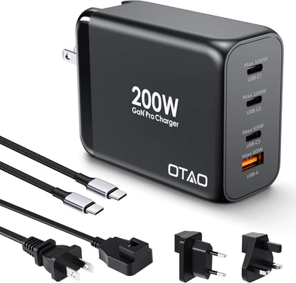 200W USB C Charger Block, 4 Ports GaN Fast Charging Station Wall Charger, PD3.0 PPS 100W QC3.0 65W Power Station Travel Adapter with AC Cord UK/EU Plug for MacBook Pro/Ai/iPhone 15/14/13/ S24