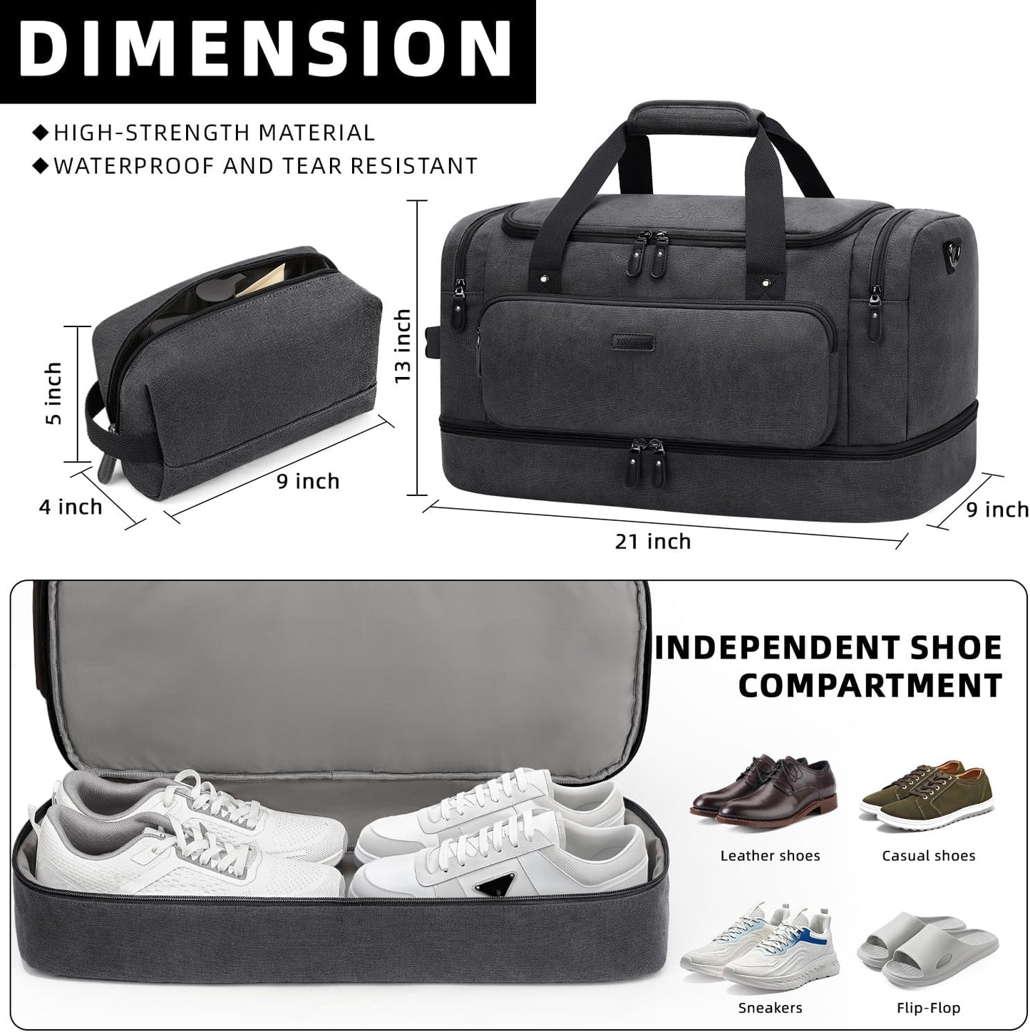 ZOMFELT Duffle Bag for travel, 40L Canvas Travel Duffel Bags for Men Women, Water Resistant Overnight Weekender Bag with Toiletry Bag & Shoe Compartment, Carry on Luggage Bag for Travel, Gym, Black