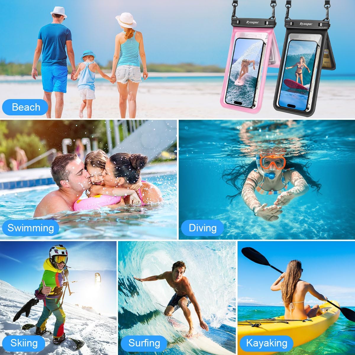 Double Space Waterproof Phone Pouch, 2 Pack Waterproof Phone Case with Lanyard for iPhone 16 15 14 Pro Max up to 8.5’’, Cellphone Dry Bag for Beach Vacation Travel Cruise Essentials