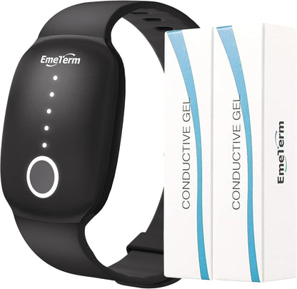 EmeTerm Fashion Anti-Nausea Wristband Relieve Morning Motion Travel Sickness Rechargeable Drug Free Bands Without Side Effects - Extra 2pack Conductive Gel (Jet Black - Extra 2pack Conductive Gel)