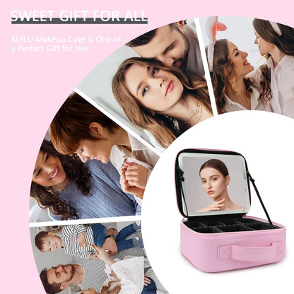 Makeup Bag with Led Mirror,Travel Makeup Organizer with 3 Color Setting & 10X Magnifying Mirror, Portable Storage and Adjustable Dividers Travel Makeup Bag-Light Pink