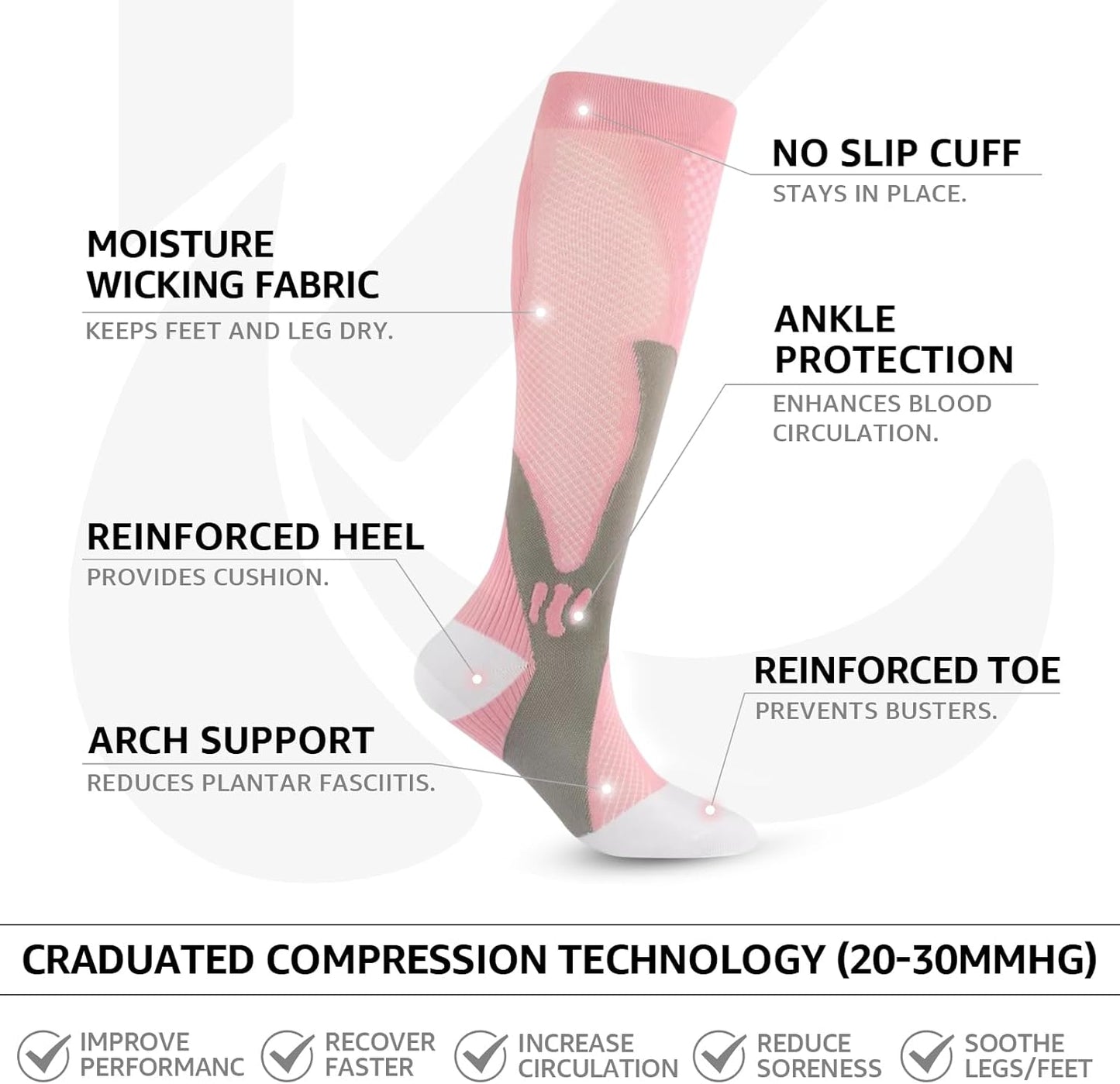 Kickticks 4 Pairs Compression Socks for Woman & Man Unisex 20-30mmHg Knee high Plus Size Wide Calves for Flying Running…