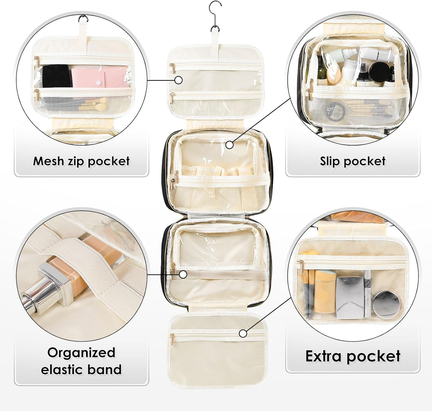 Travel Toiletry Bag Hanging Toiletry Bag for Women Water-resistant Cosmetic Makeup Bag for Full Sized Travel Essentials Must Have (Black)