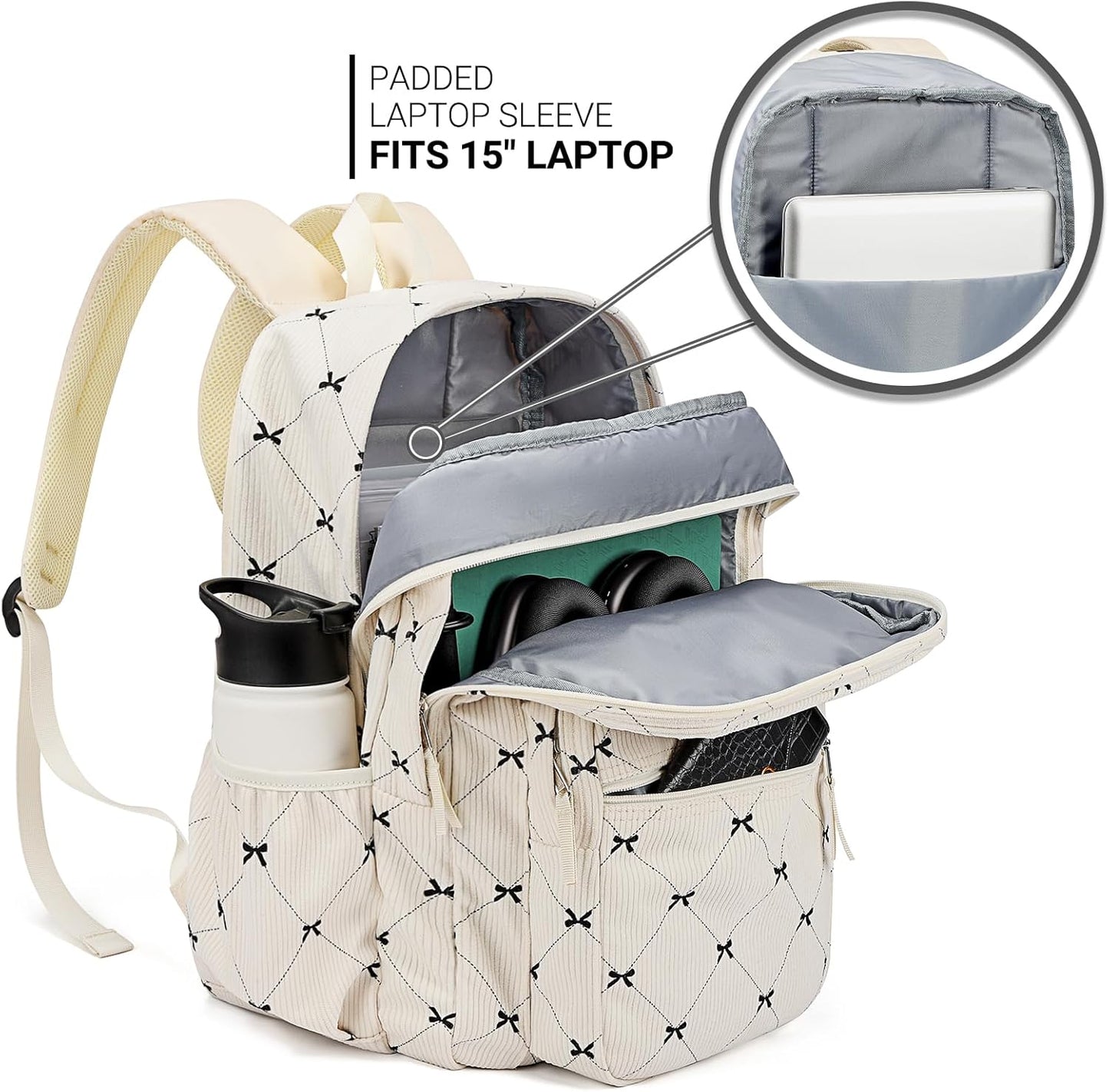 ZORFIN 26L Backpack for College, and Travel: Corduroy Bookbag - Bowknot