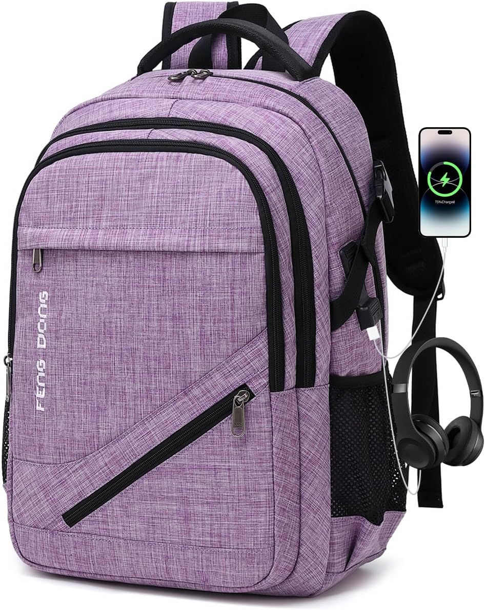 FENGDONG Large Laptop Backpack 17.3 inch Durable Waterproof Travel College Backpack Bookbag for Men & Women Business Backpack with USB Charging Port and Headset Port Light Purple
