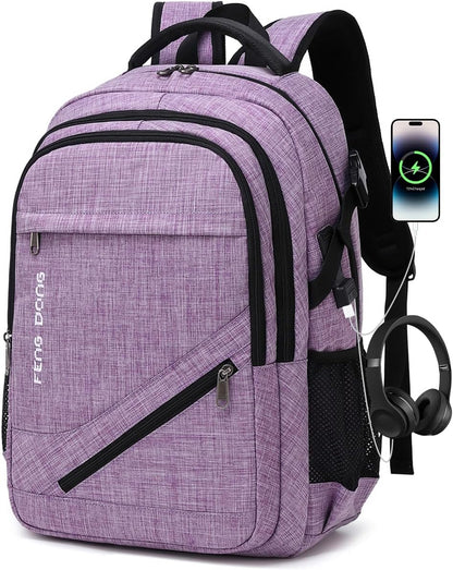 FENGDONG Large Laptop Backpack 17.3 inch Durable Waterproof Travel College Backpack Bookbag for Men & Women Business Backpack with USB Charging Port and Headset Port Light Purple