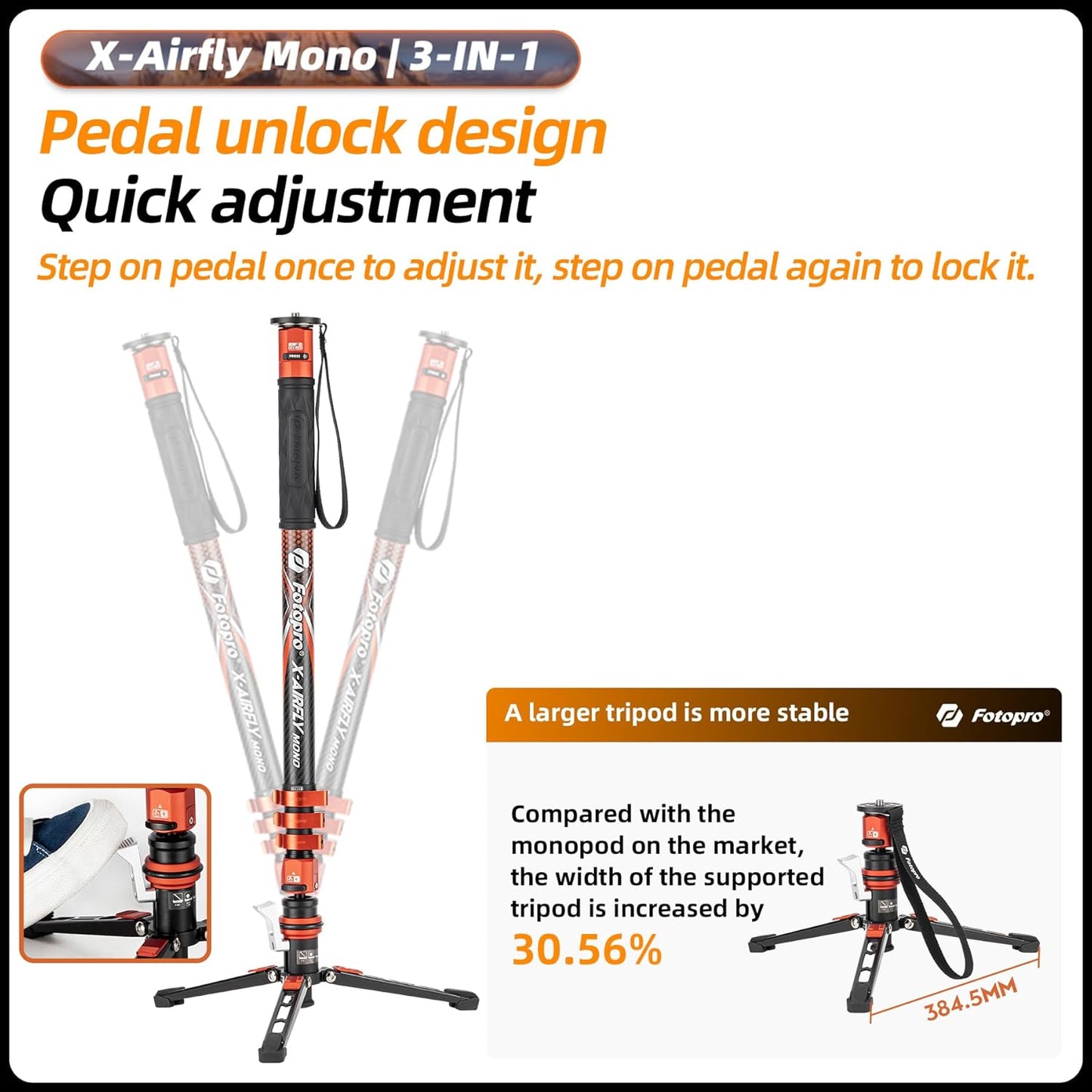 Fotopro Carbon Fiber 3-in-1 Monopod, 73" Travel Monopod with Feet, Max Load 22lbs for DSLR Camera Stabilizer, X-Airfly Mono Grey