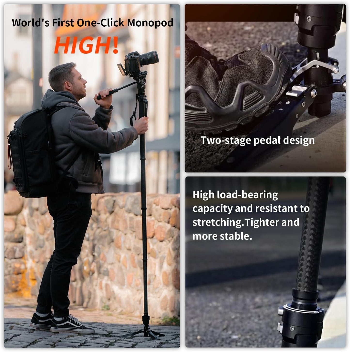 COMAN One-Click Lifting Carbon Fiber Monopod, 69‘’ Camera Monopod with Feet, Lightweight Travel Tripod with Quick Release Plate for Camera, DSLR, Camcorder, Max Load 22lbs/10kg (M1ProV5)