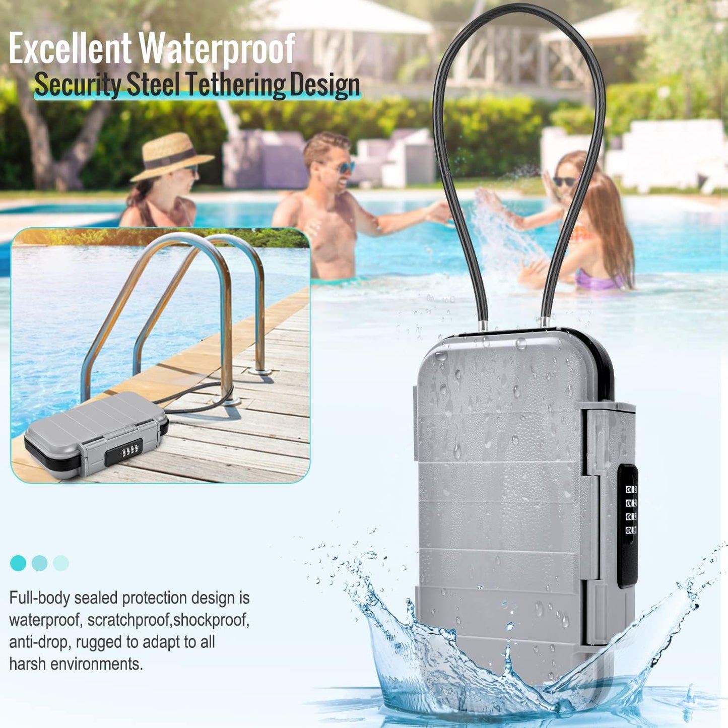 HUANLANG Portable Safe Lock Box with Combination Lock Mini Beach Travel Safe Waterproof Small Lockable Box with Removable Wire Rope Combination Safe Box for Dorm,Travel,Beach,Hotel,Car,Home,Office