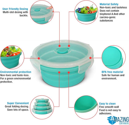 Collapsible Bowls for Camping, Set of 4 Silicone Food Storage Containers with Lids, Rv storage and organization, Rv Kitchen Accessories, BPA Free, Microwavable, Freezer, Dishwasher Safe