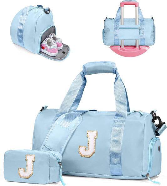 Gifts for Niece-Girl Gym Bag with Shoe Compartment, Kid Personalized Weekender Overnight Bags, Initial Travel Tote with Makeup Pouch, Birthday Gift for Sister Granddaughter (Letter J)