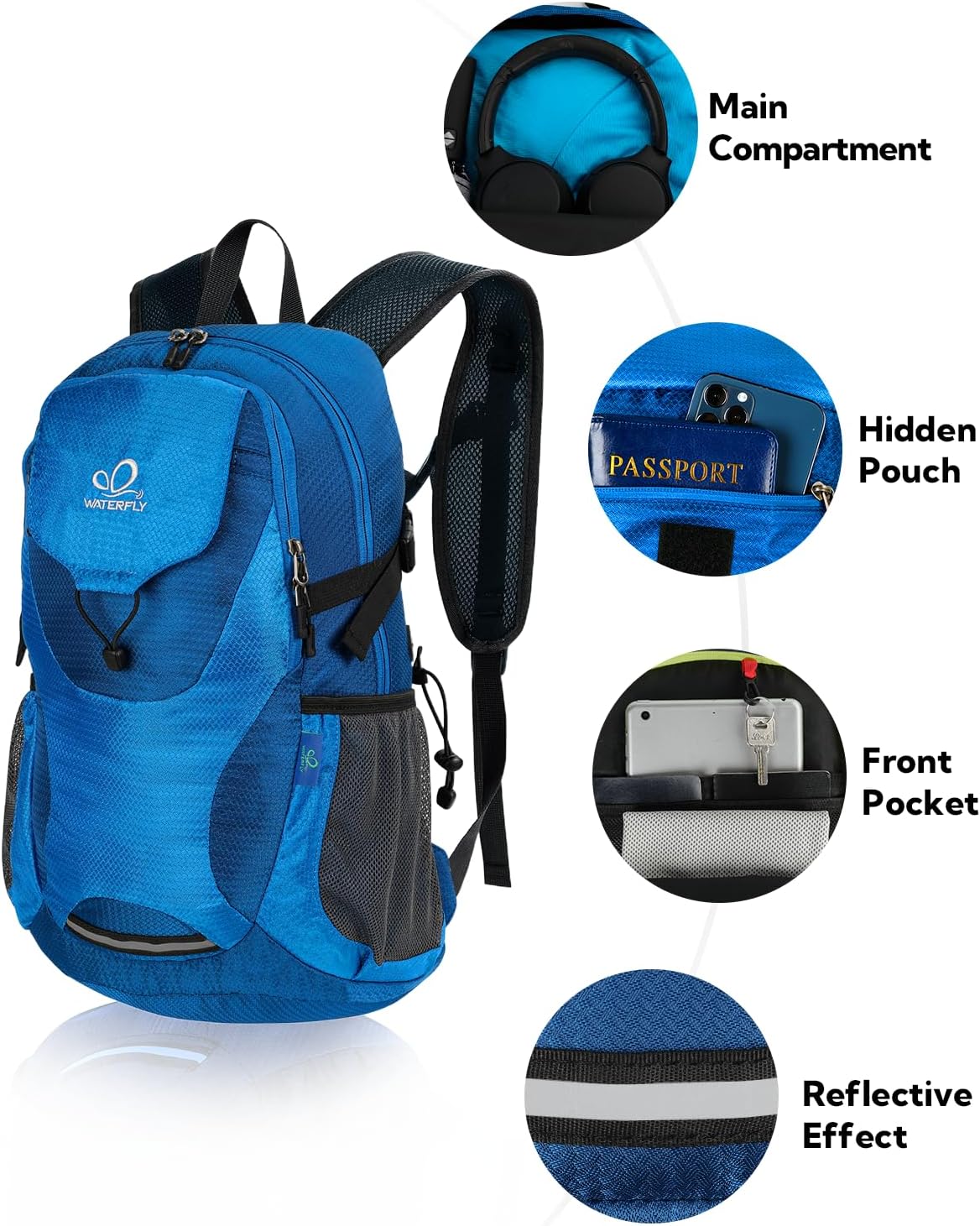 WATERFLY Lightweight Packable Hiking Backpack: 30L Foldable Travel Daypack Ultralight Camping Day Pack for Woman Man