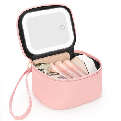 Relavel Mini Makeup Bag with Led Mirror, Small Cosmetic Bag with 3 Light Modes, Rechargeable Portable Makeup Pouch with Hands-Free Wrist Strap for Pool Parties丨Work Touch-Ups丨Travel - Pink