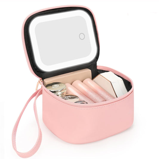 Relavel Mini Makeup Bag with Led Mirror, Small Cosmetic Bag with 3 Light Modes, Rechargeable Portable Makeup Pouch with Hands-Free Wrist Strap for Pool Parties丨Work Touch-Ups丨Travel - Pink