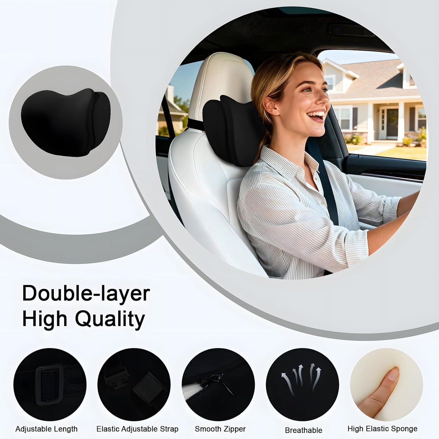2Pcs 2025 Double-Layer Car Pillow, Cloud-Like Comfort Car Neck Pillow, Dual C-Curve Support Car Headrest Pillow – Experience First-Class Driving Comfort. (Black)