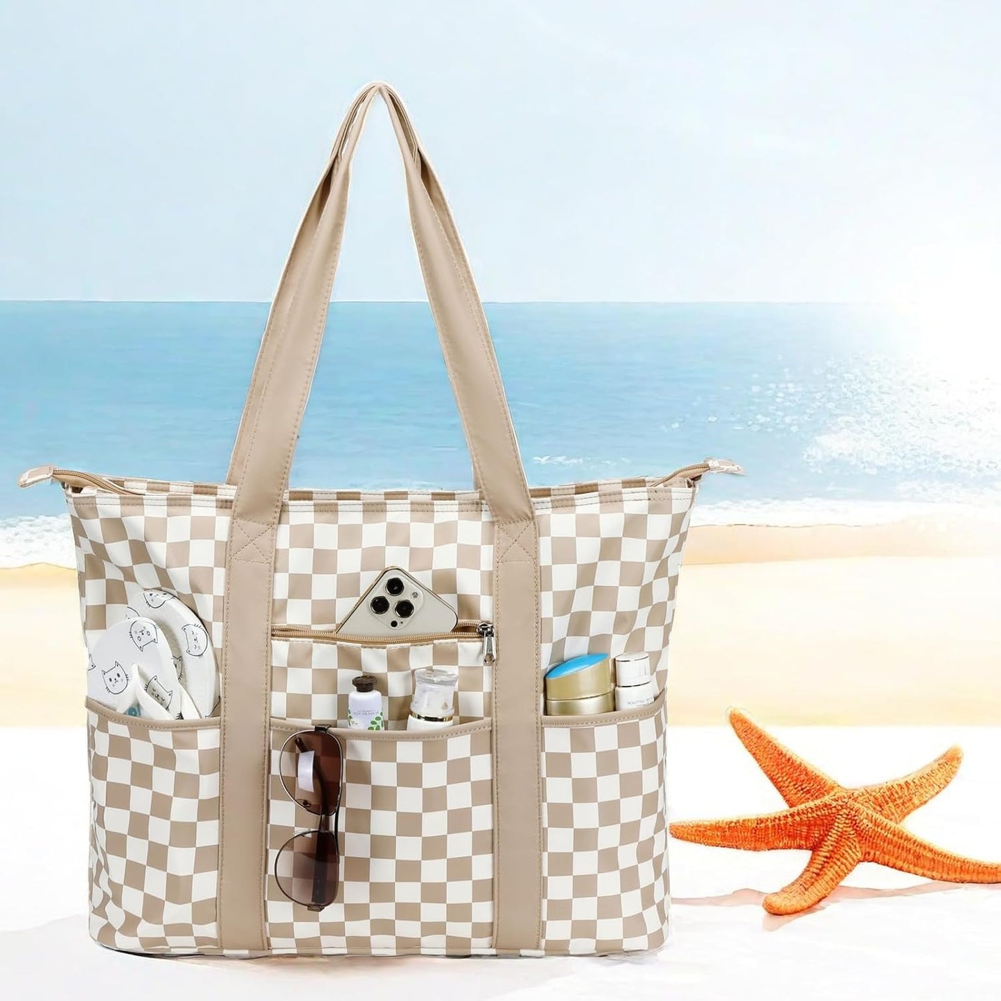 LEDAOU Beach Bags for Women, Beach Bags Waterproof Sandproof, Packable Beach Tote Bag with Zipper Travel Sports