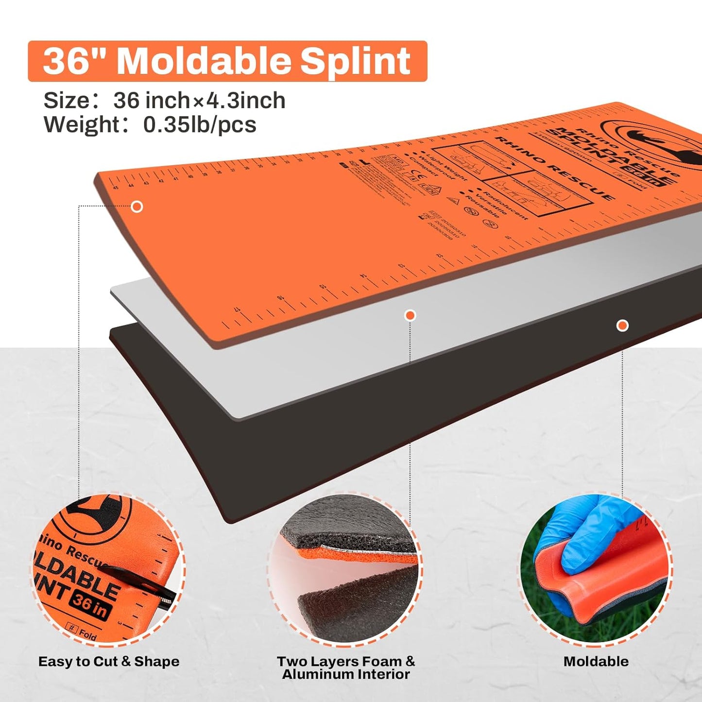 RHINO RESCUE First Aid Splint 36" X 4.3" Orange-Gray, Keep Bones in Position (1, Folded)